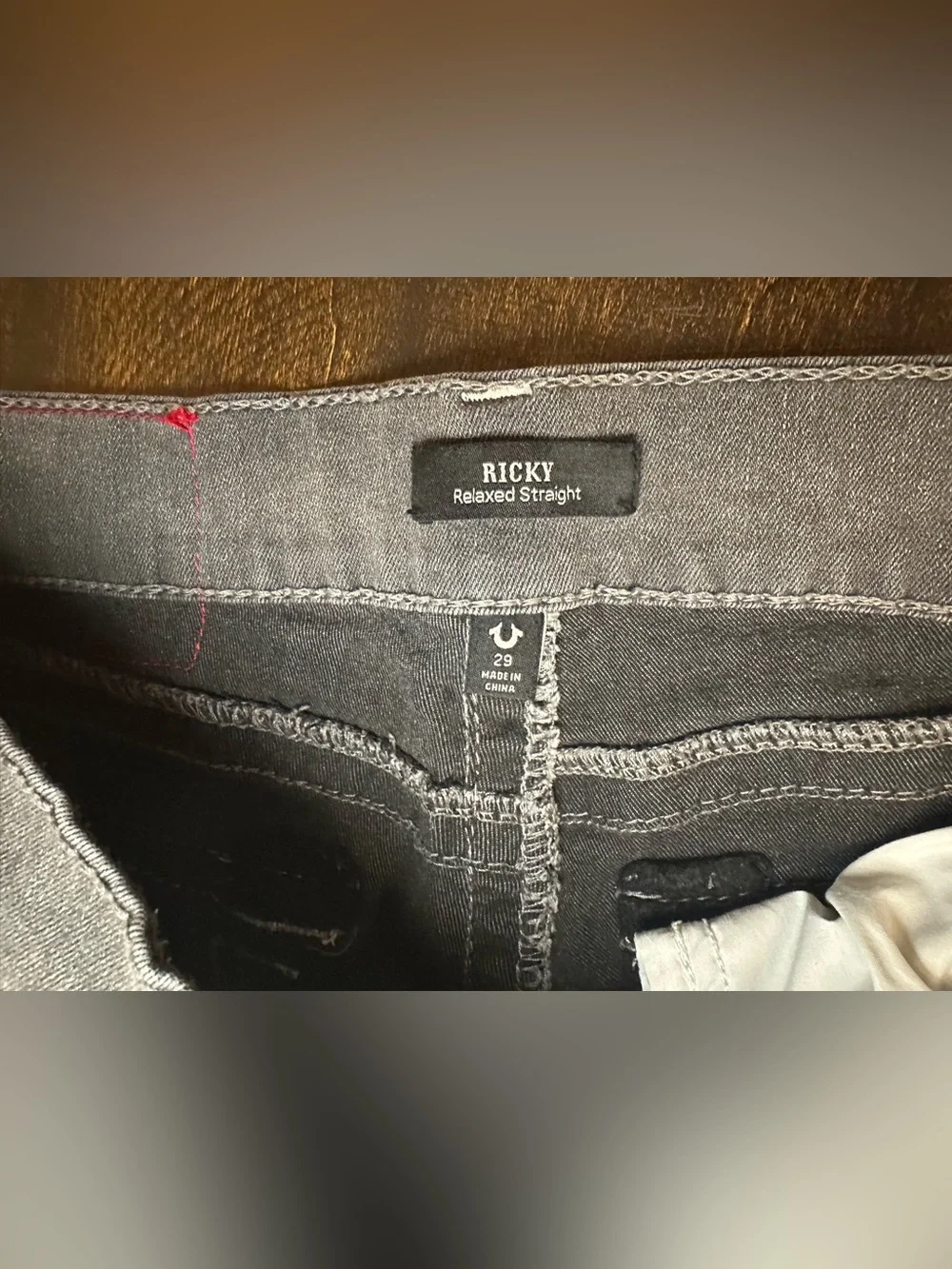 True Religion Mens Size 31x33 Ricky Big T Flap Relaxed Straight Jeans Gray Denim